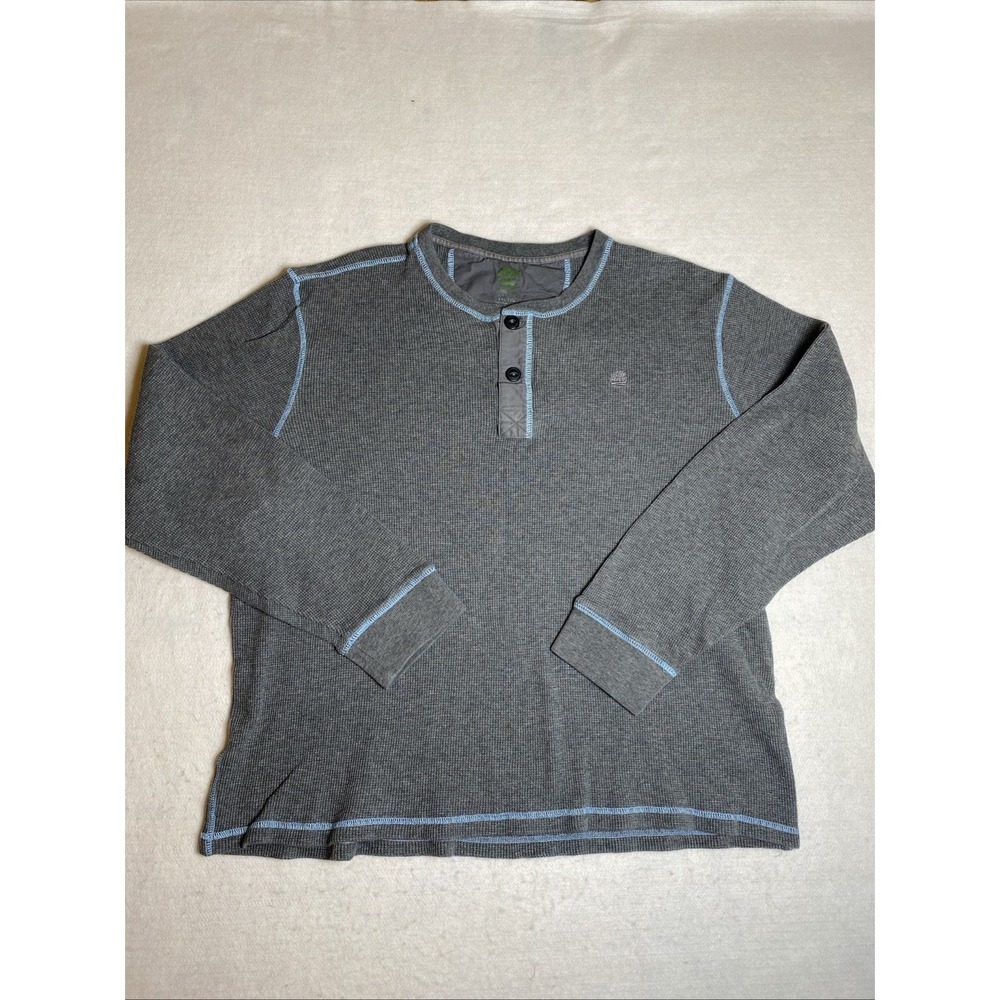 Timberland Men's 2XL Waffle Knit Thermal Henley Shirt Gray Blue Stitching LS